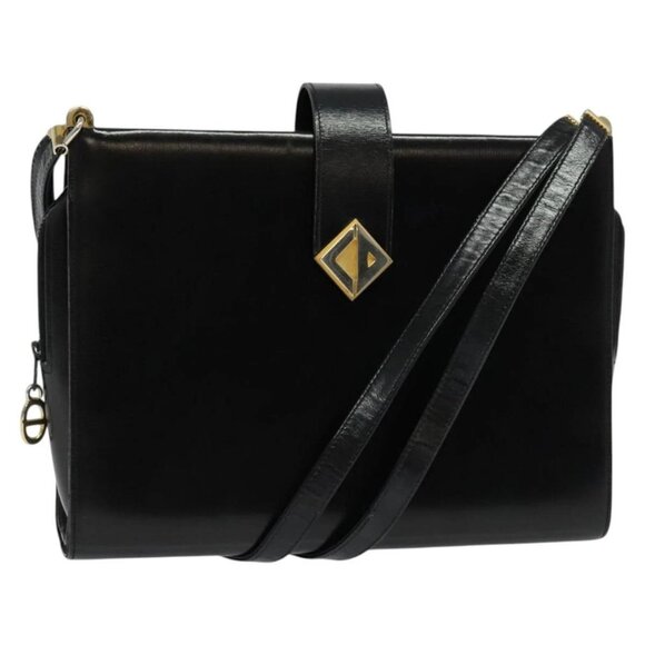 Christian Dior Shoulder Bag Leather Black Gold Auth